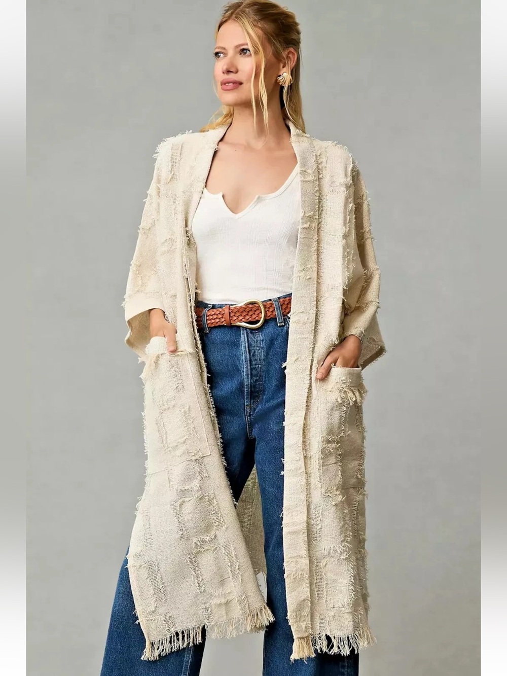 ANTHROPOLOGIE • PILCRO Fringed Kimono Cardigan One Size Cream Silver Thread NWT